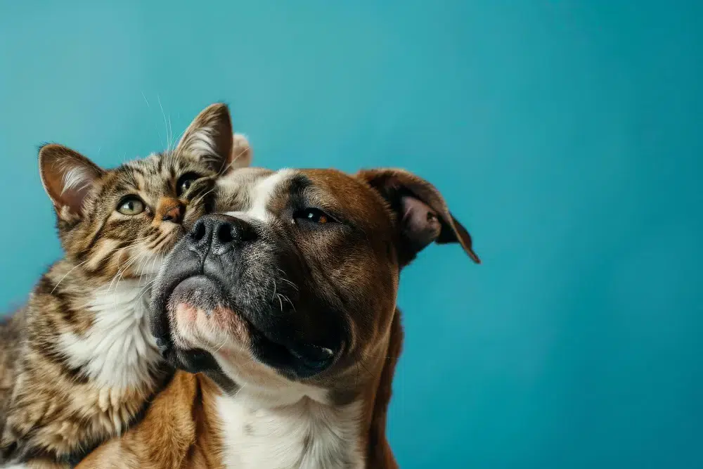 Cat with boxer dog posing for photo