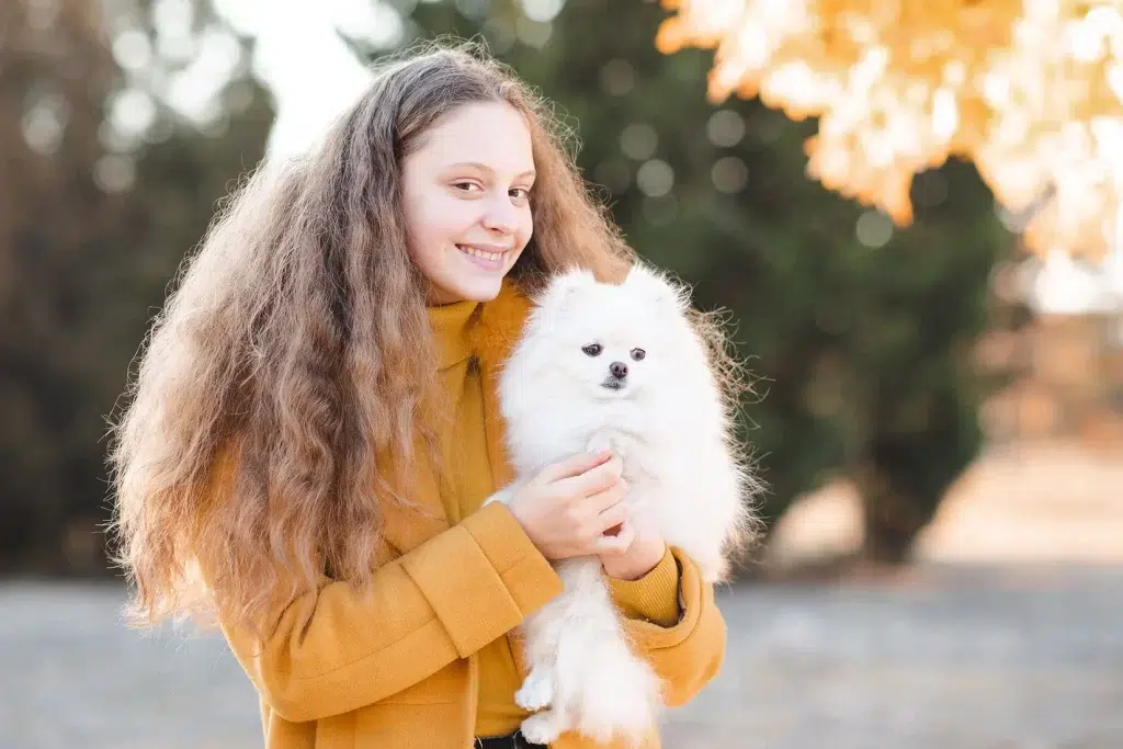 Little white pomeranian carried by his owner